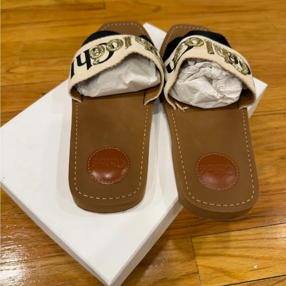 Chloé Woody Logo Slides Sandals Black/Cream Size 40 - Picture 5 of 6
